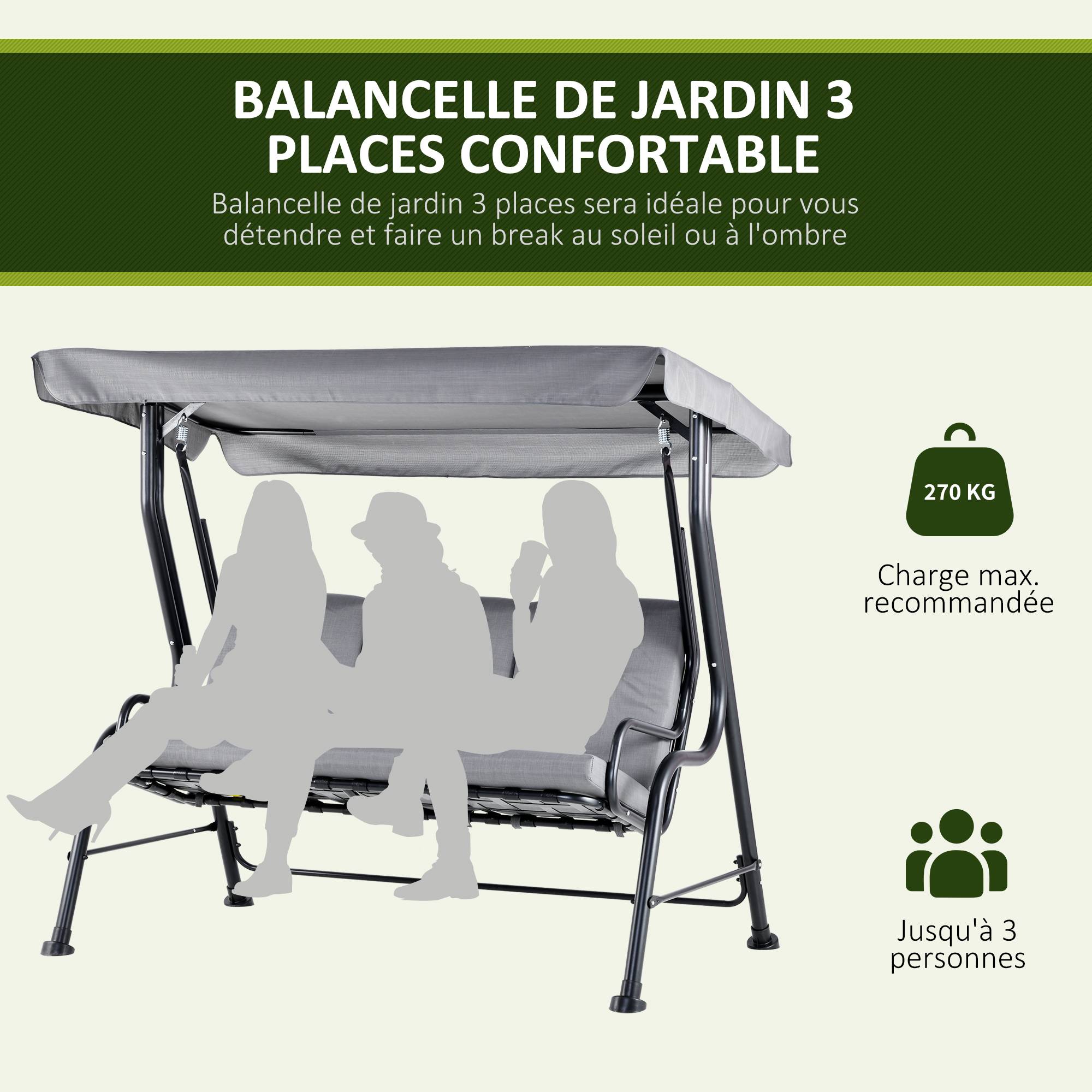 Outsunny - Balancelle de jardin 3 places grand confort toit inclinaison réglable épais coussins amovibles polyester acier époxy gris - Outsunny - Imagen 6