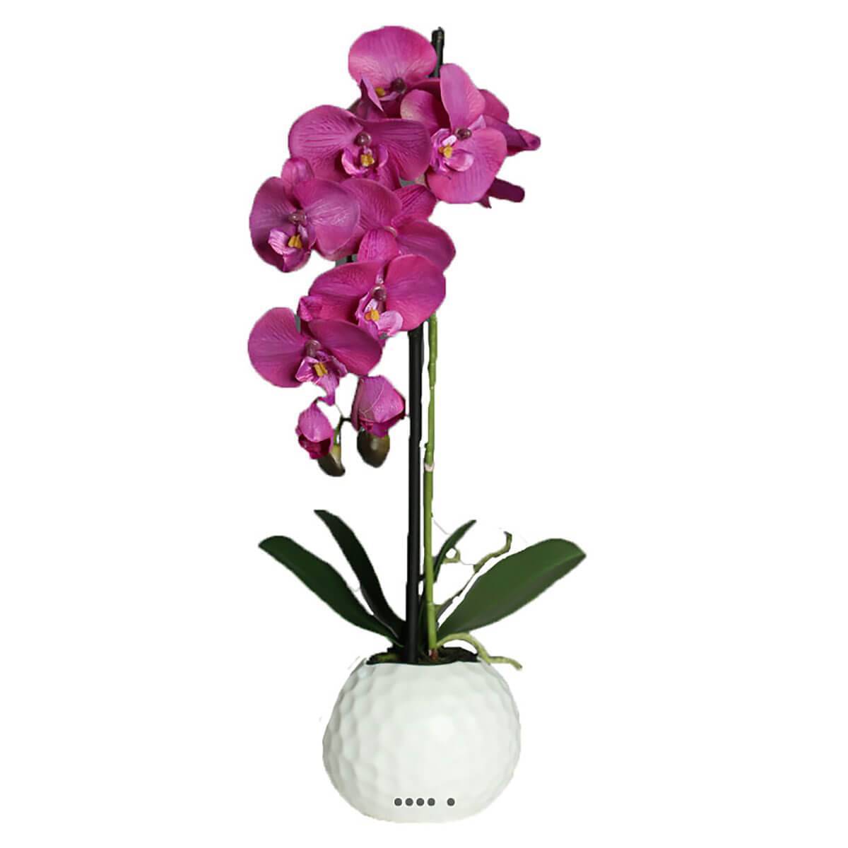 Artificielles - Orchidee artificielle Pourpre1 hampe en pot Ceramique Blanc H 46 cm - couleur: Pourpre - Imagen 1