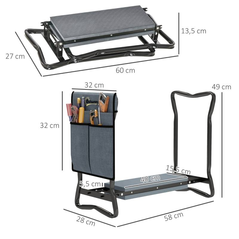 Agenouilloir tabouret de jardin acier pliable avec poches à outils 58x28x49cm gris - ComfortXL Outdoor Living - Image 3
