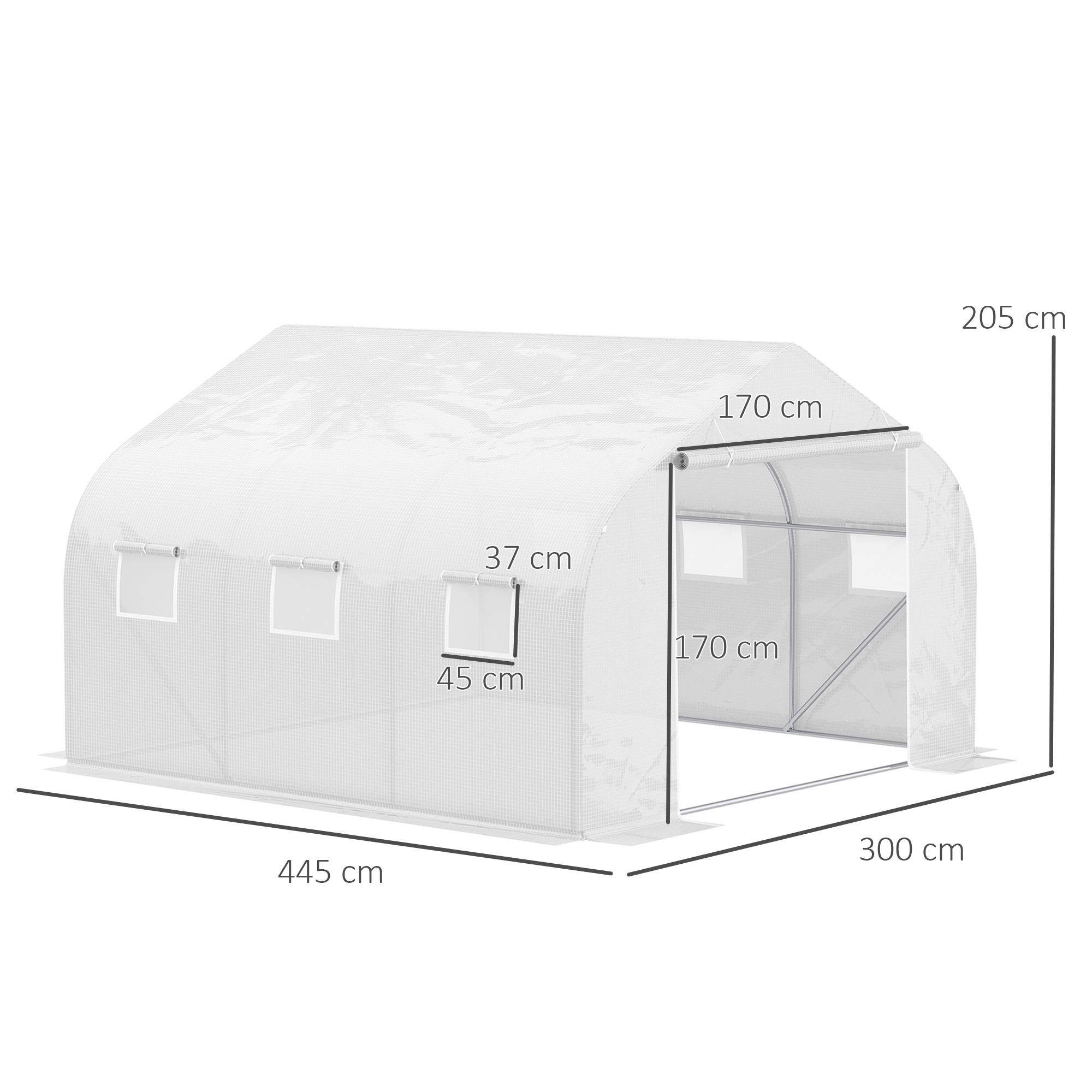 Sans Marque - Serre tunnel 6 fenêtres porte enroulable polyéthylène tubes métalliques 4,5x3x2 m blanche - Image 5