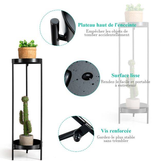 Etagère à fleurs colonne à plantes en acier porte pots pour intérieur et extérieur charge max 15 kg 25 x 80 cm noir - Image 4