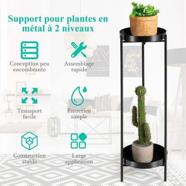 Etagère à fleurs colonne à plantes en acier porte pots pour intérieur et extérieur charge max 15 kg 25 x 80 cm noir - Image 3