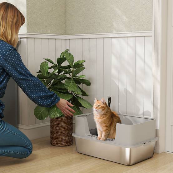 Bac à Litière XL Acier Inoxydable à Bords Hauts Anti-Projection pour Chat avec Pelle Gris - ComfortXL Outdoor Living - Image 3