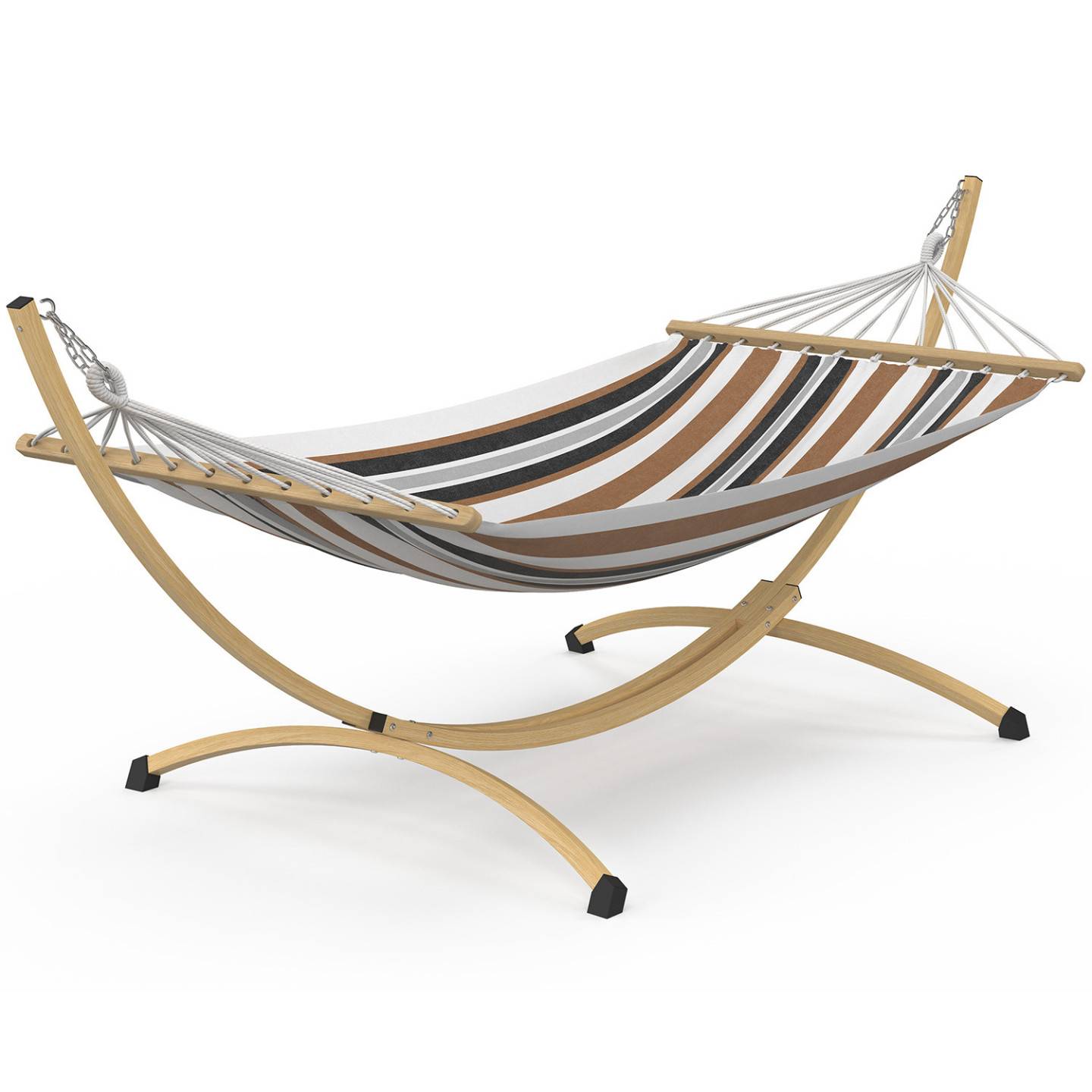 IDMARKET - Hamac XL avec support métal effet bois et toile rayée noire, blanche et chocolat - Image 2