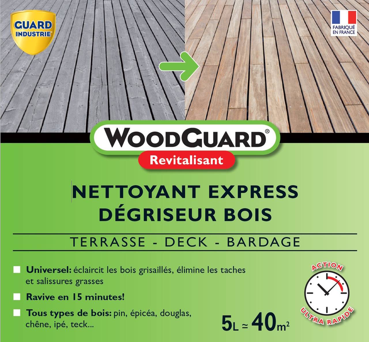 Dégriseur Nettoyant Bois WoodGuard Revitalisant Redonne Couleurs au Bois Efficace en 15 Minutes 5L 40m2 - Image 2