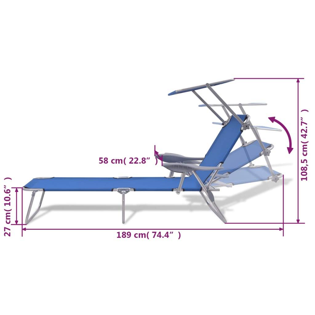 Helloshop26 - Transat chaise longue bain de soleil lit de jardin terrasse meuble d'extérieur avec auvent acier bleu - Imagen 7