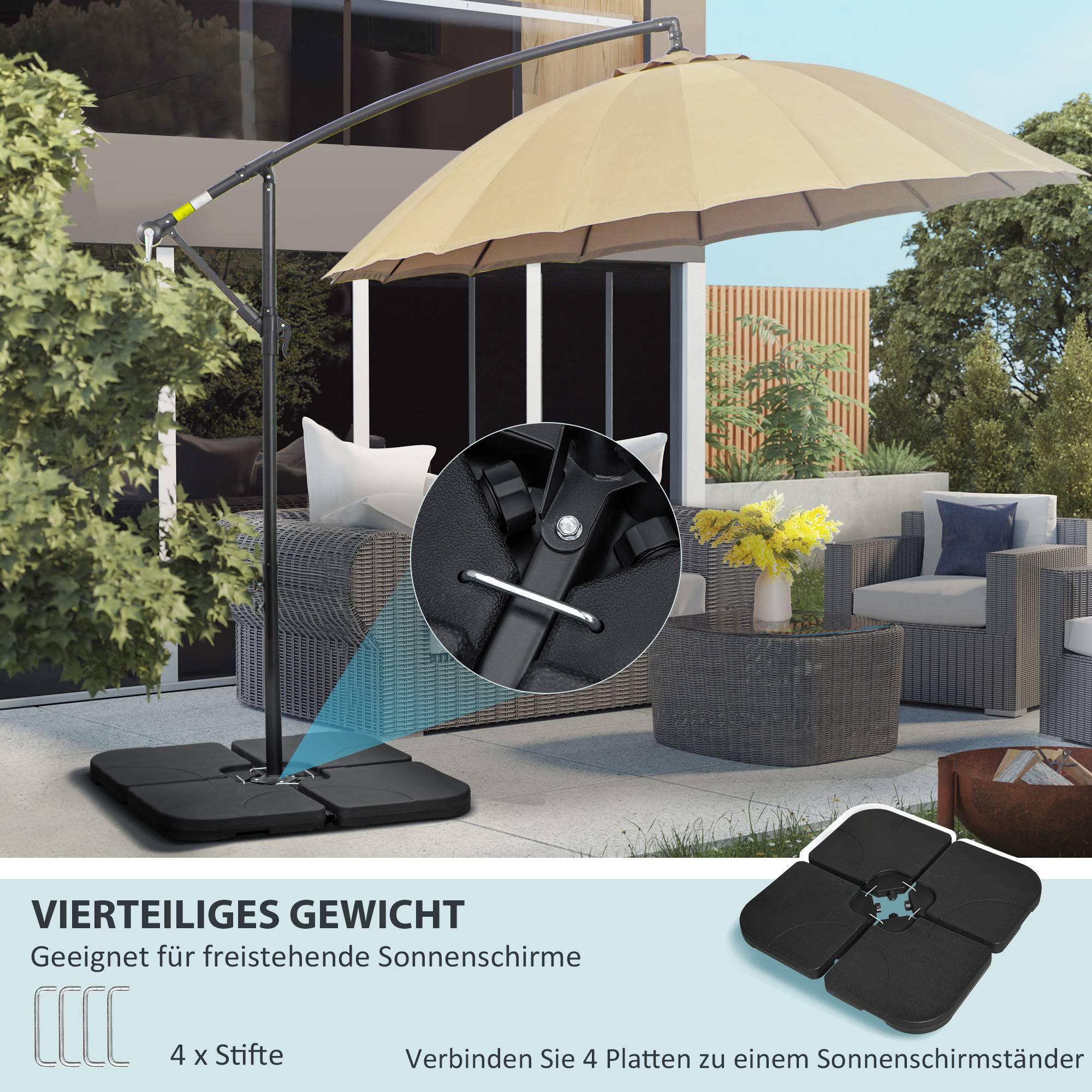 Lot de 4 Dalles Lestage Plastique Jardin Base Parasol Remplissables Eau Sable 104x104cm Noir - ComfortXL Outdoor Living - Image 6