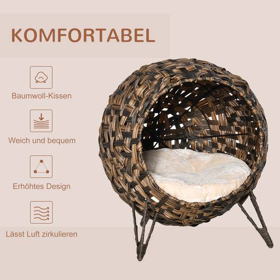 Sans Marque - Maison pour chat en rotin avec coussin, lit pour chat, niche pour chat avec pieds surélevés, marron, Ø52 x 58 cm - Image 7