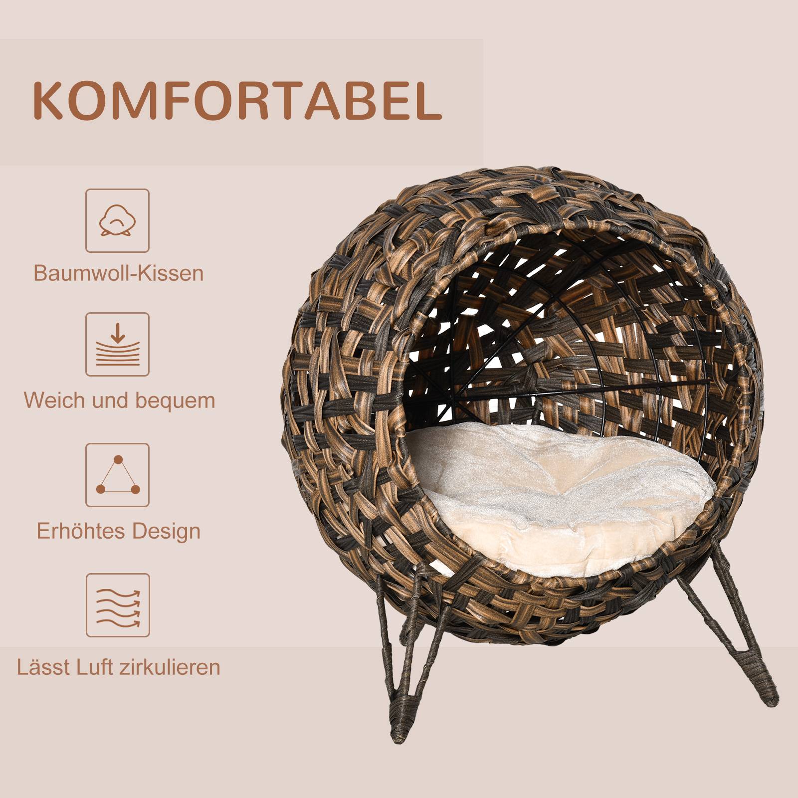 Sans Marque - Maison pour chat en rotin avec coussin, lit pour chat, niche pour chat avec pieds surélevés, marron, Ø52 x 58 cm - Image 7