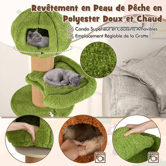 COSTWAY Arbre a Chat Design 148 cm,en Bois, 2 Condos, 2 Plateformes, 20 cm Poteaux à Griffer en Sisal, en Forme de Branche,Coussins Amovibles - Image 7