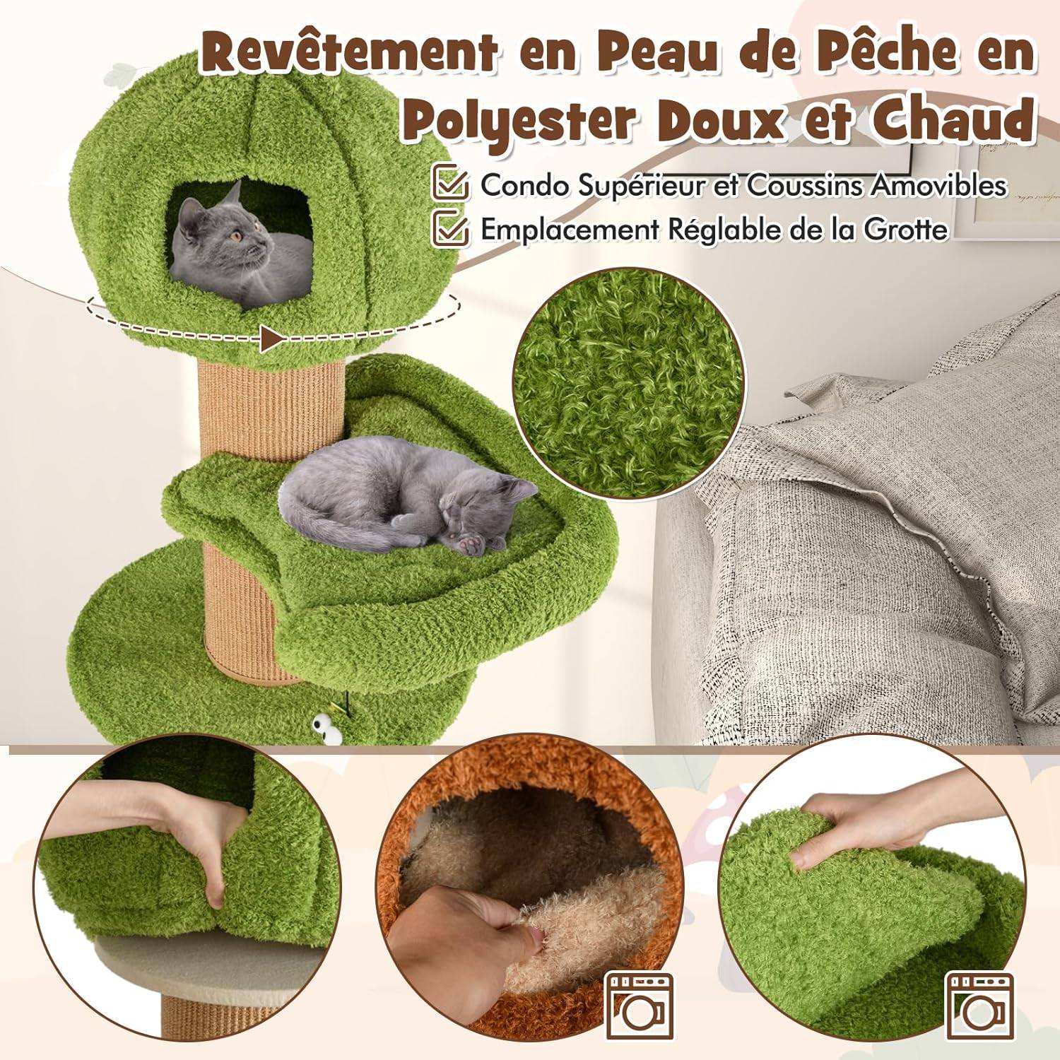 COSTWAY Arbre a Chat Design 148 cm,en Bois, 2 Condos, 2 Plateformes, 20 cm Poteaux à Griffer en Sisal, en Forme de Branche,Coussins Amovibles - Image 7
