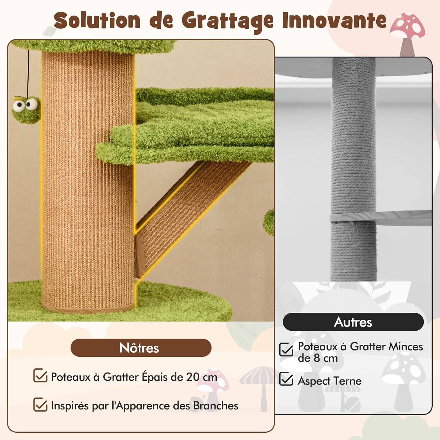 COSTWAY Arbre a Chat Design 148 cm,en Bois, 2 Condos, 2 Plateformes, 20 cm Poteaux à Griffer en Sisal, en Forme de Branche,Coussins Amovibles - Image 5