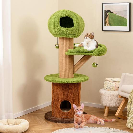 COSTWAY Arbre a Chat Design 148 cm,en Bois, 2 Condos, 2 Plateformes, 20 cm Poteaux à Griffer en Sisal, en Forme de Branche,Coussins Amovibles - Image 9
