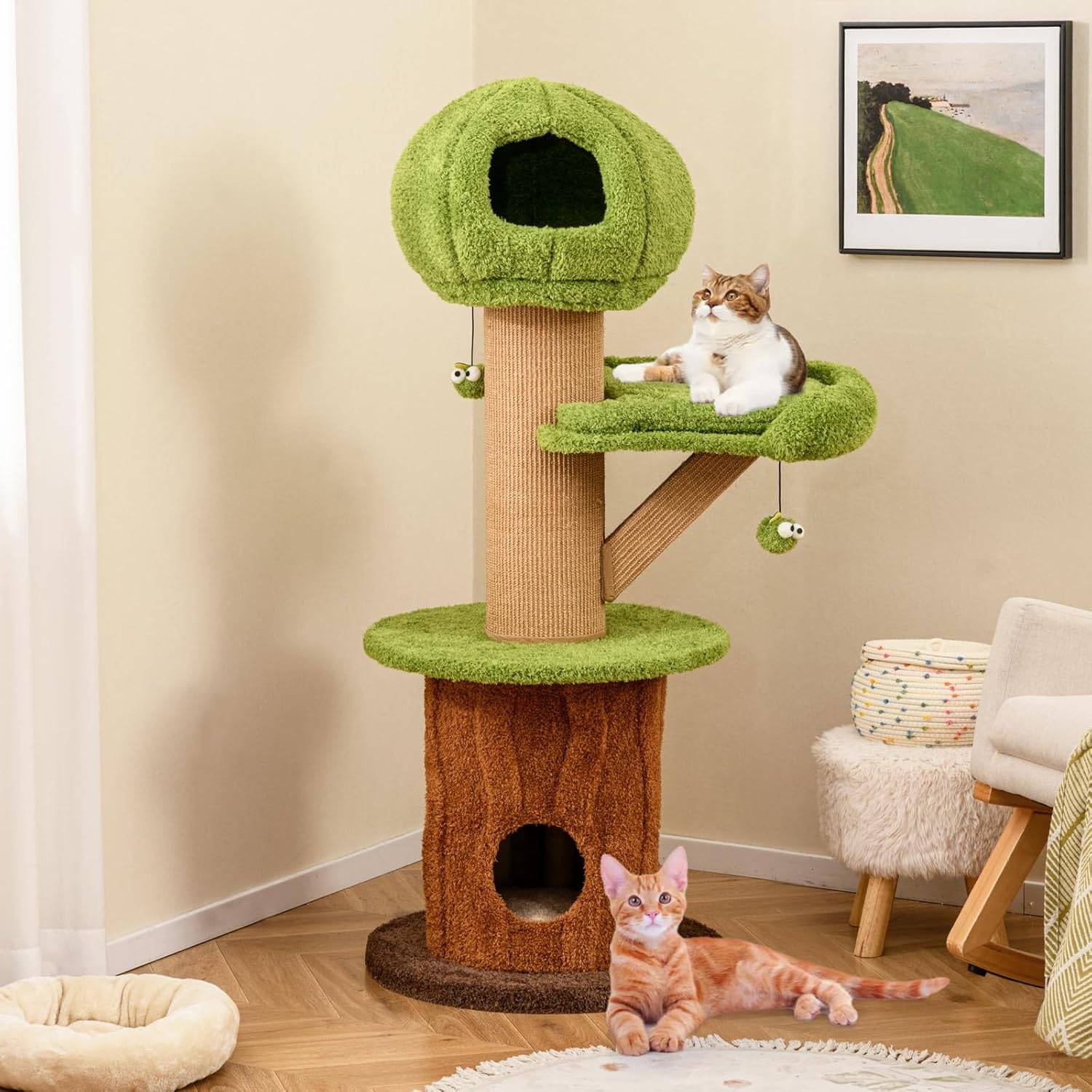 COSTWAY Arbre a Chat Design 148 cm,en Bois, 2 Condos, 2 Plateformes, 20 cm Poteaux à Griffer en Sisal, en Forme de Branche,Coussins Amovibles - Image 9
