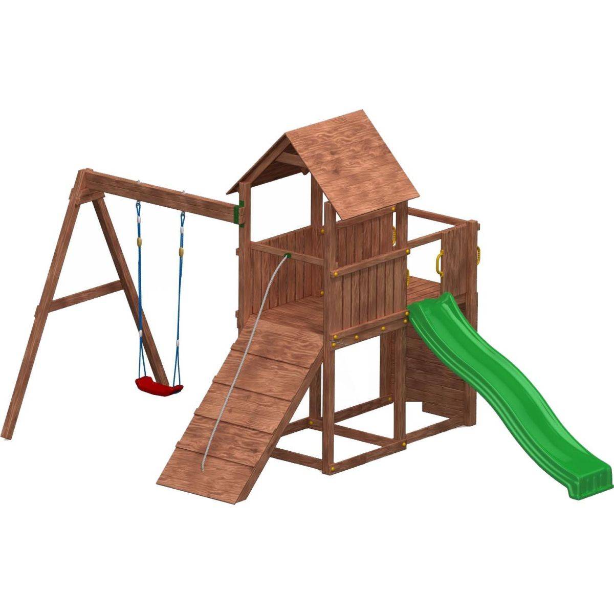 Fungoo - Plateforme de jeux en bois Carol Tour + toboggan + balançoire + rampe - Image 1
