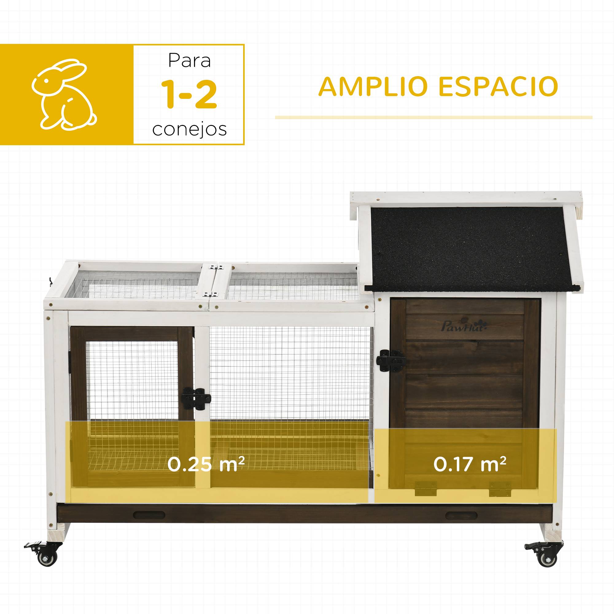 Clapier en bois à roulettes pour 1 à 2 lapins, toit ouvrant et bac amovible, 108 x 58 x 73,5 cm, marron foncé - Image 6