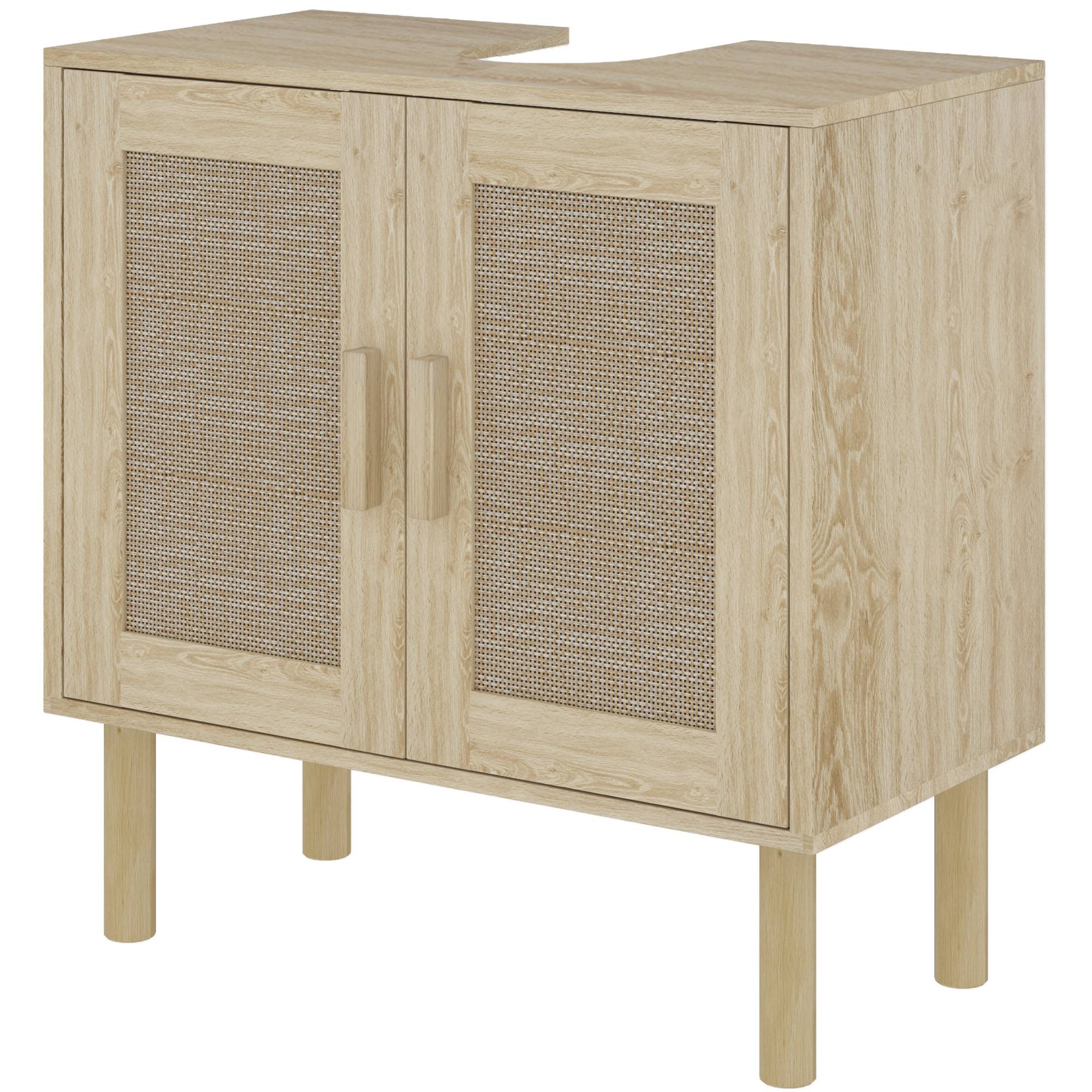 Sans Marque - Meuble salle bain sous lavabo portes rotin pieds bois pin 2 niveaux 60x30x60 cm chêne - Image 2