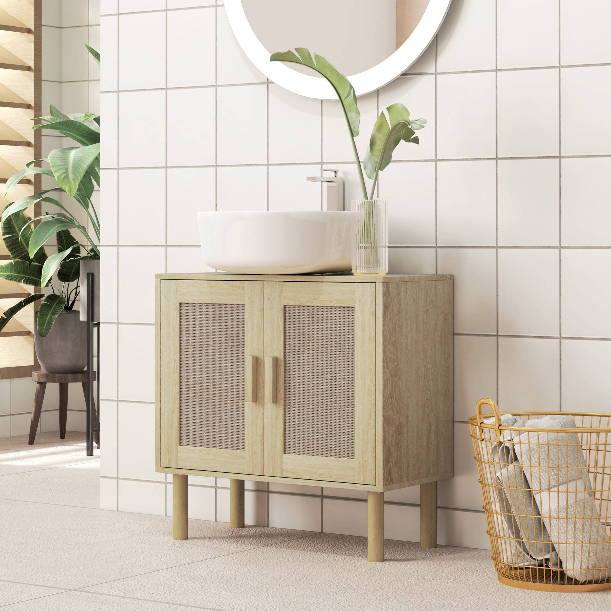 Sans Marque - Meuble salle bain sous lavabo portes rotin pieds bois pin 2 niveaux 60x30x60 cm chêne - Image 3