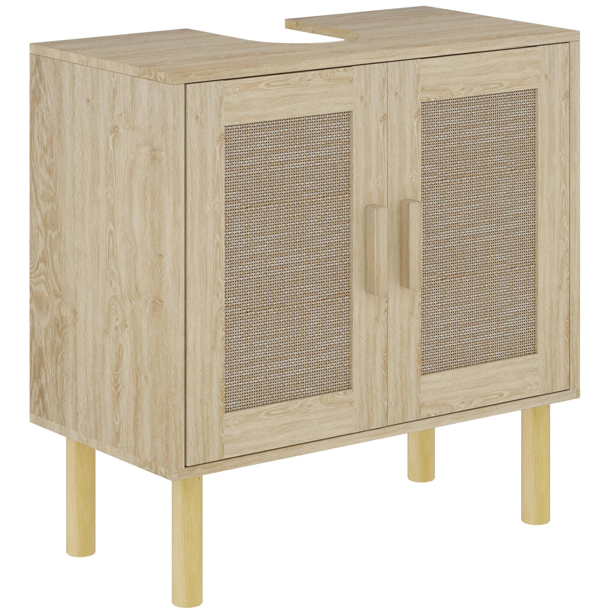 Sans Marque - Meuble salle bain sous lavabo portes rotin pieds bois pin 2 niveaux 60x30x60 cm chêne - Image 1