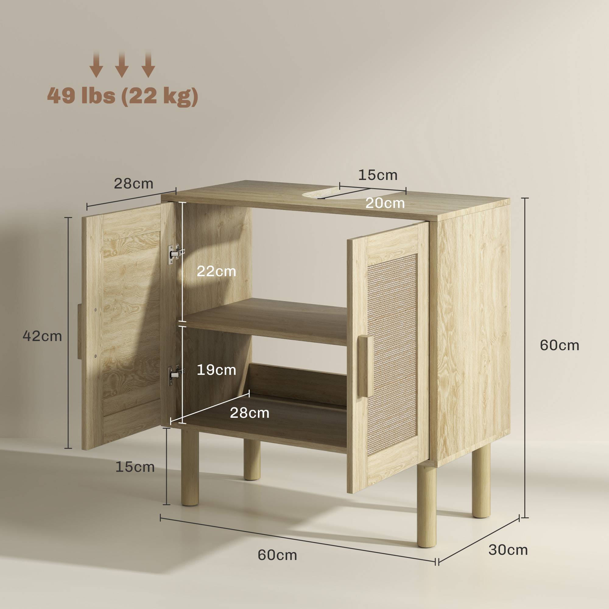 Sans Marque - Meuble salle bain sous lavabo portes rotin pieds bois pin 2 niveaux 60x30x60 cm chêne - Image 5