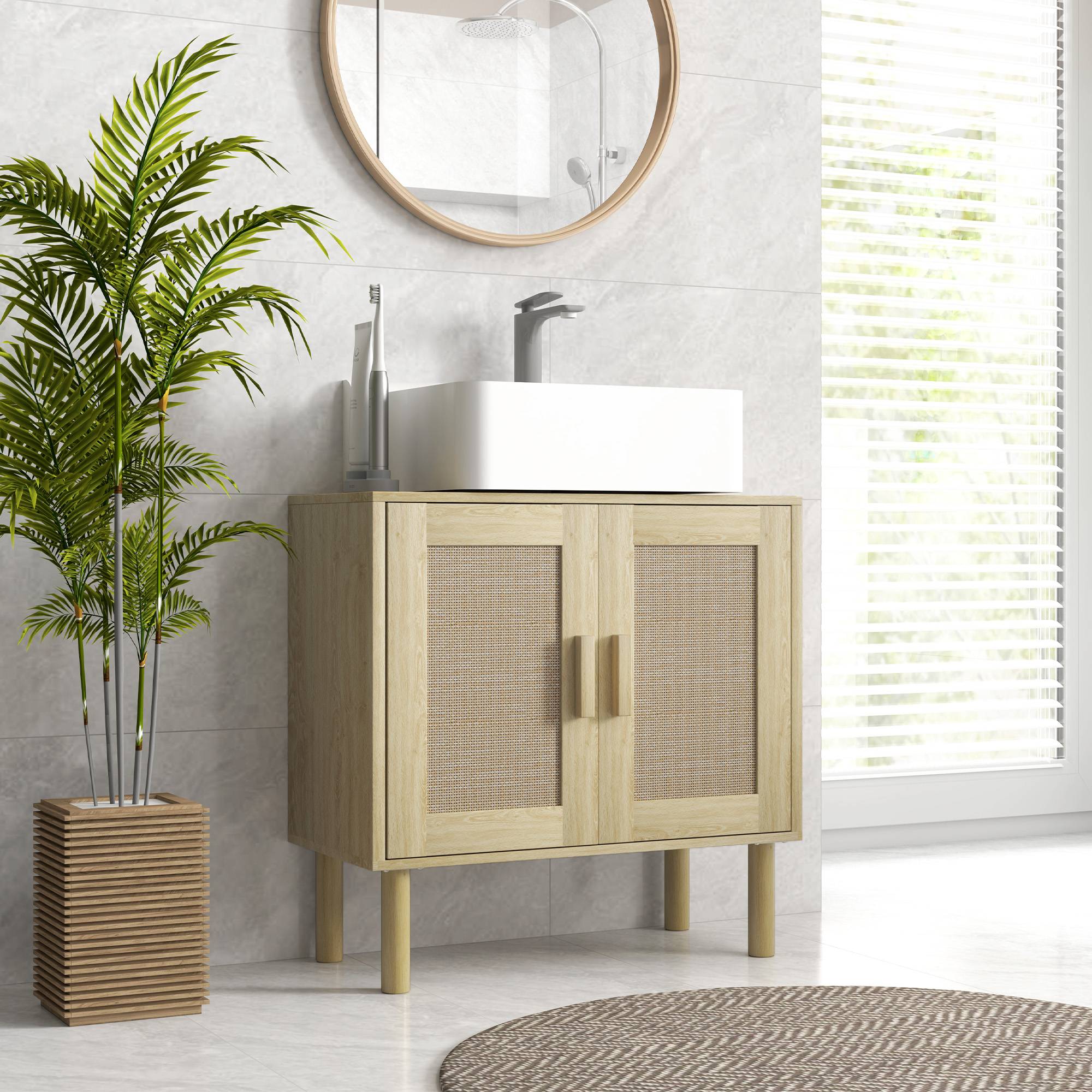 Sans Marque - Meuble salle bain sous lavabo portes rotin pieds bois pin 2 niveaux 60x30x60 cm chêne - Image 4
