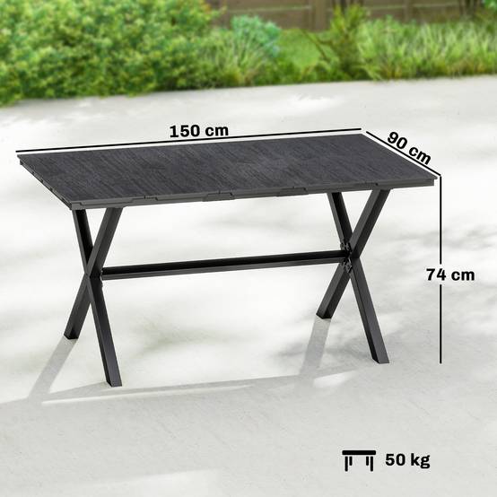 Table à manger de jardin pour 6 personnes, surface HDPE lattes, structure métallique 150x90x74 cm noir - Image 5