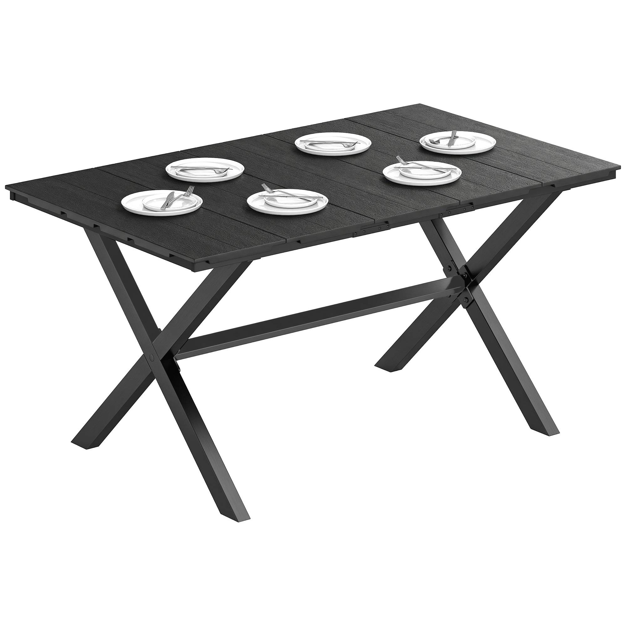 Table à manger de jardin pour 6 personnes, surface HDPE lattes, structure métallique 150x90x74 cm noir - Image 1