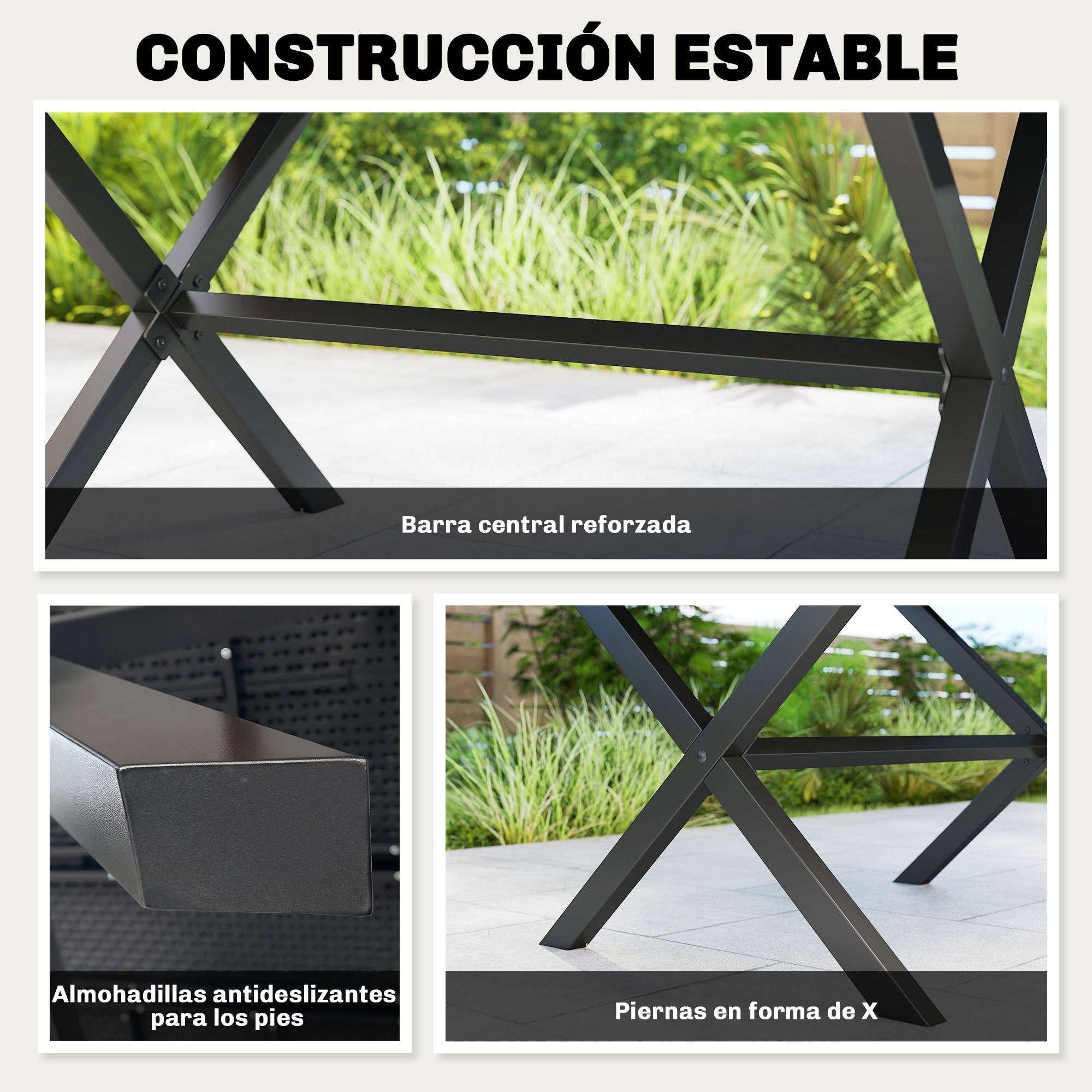 Table à manger de jardin pour 6 personnes, surface HDPE lattes, structure métallique 150x90x74 cm noir - Image 8