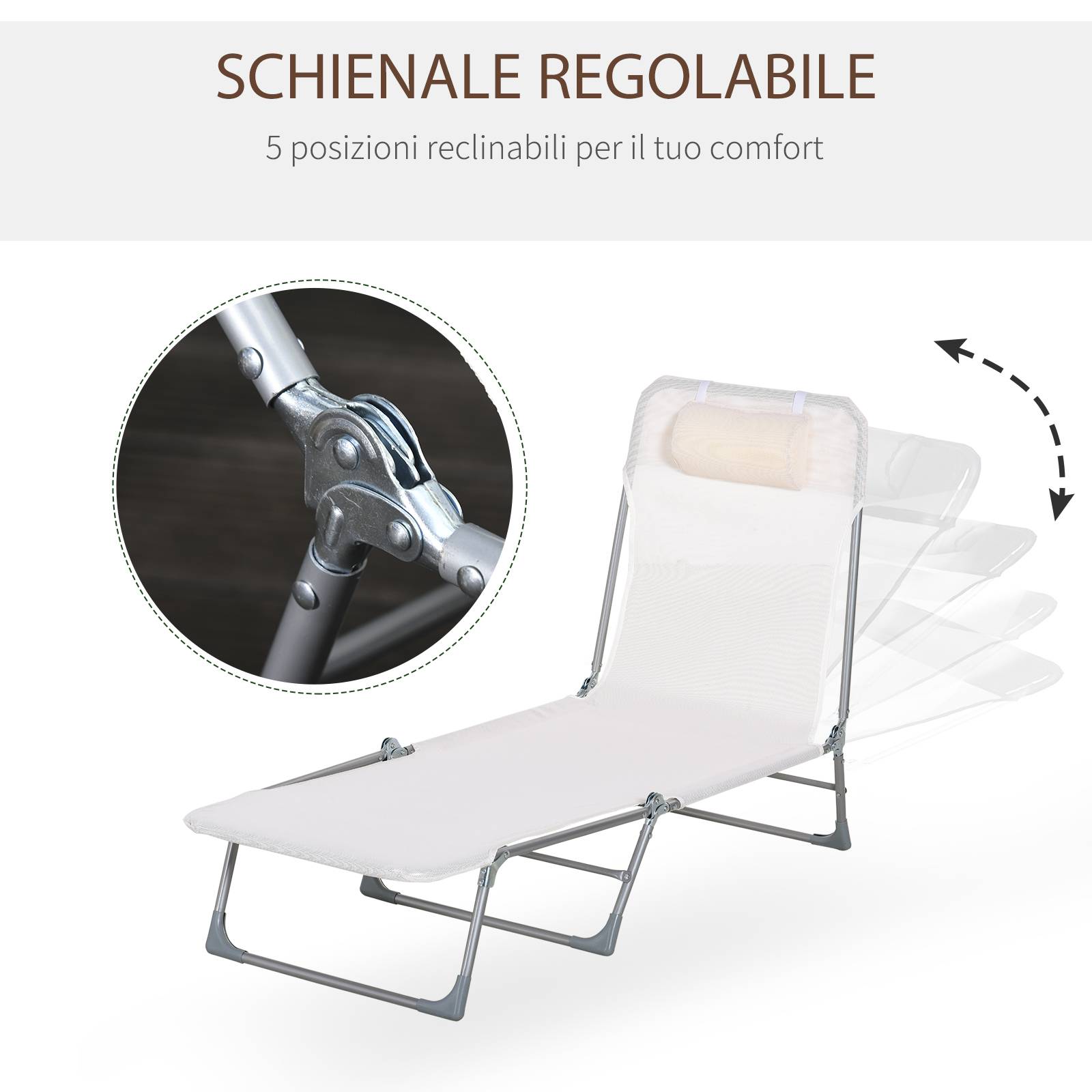 Sans Marque - Transat de jardin pliant avec dossier inclinable et coussin, en métal et textilène, 182 x 56 x 28 cm, crème - Image 6