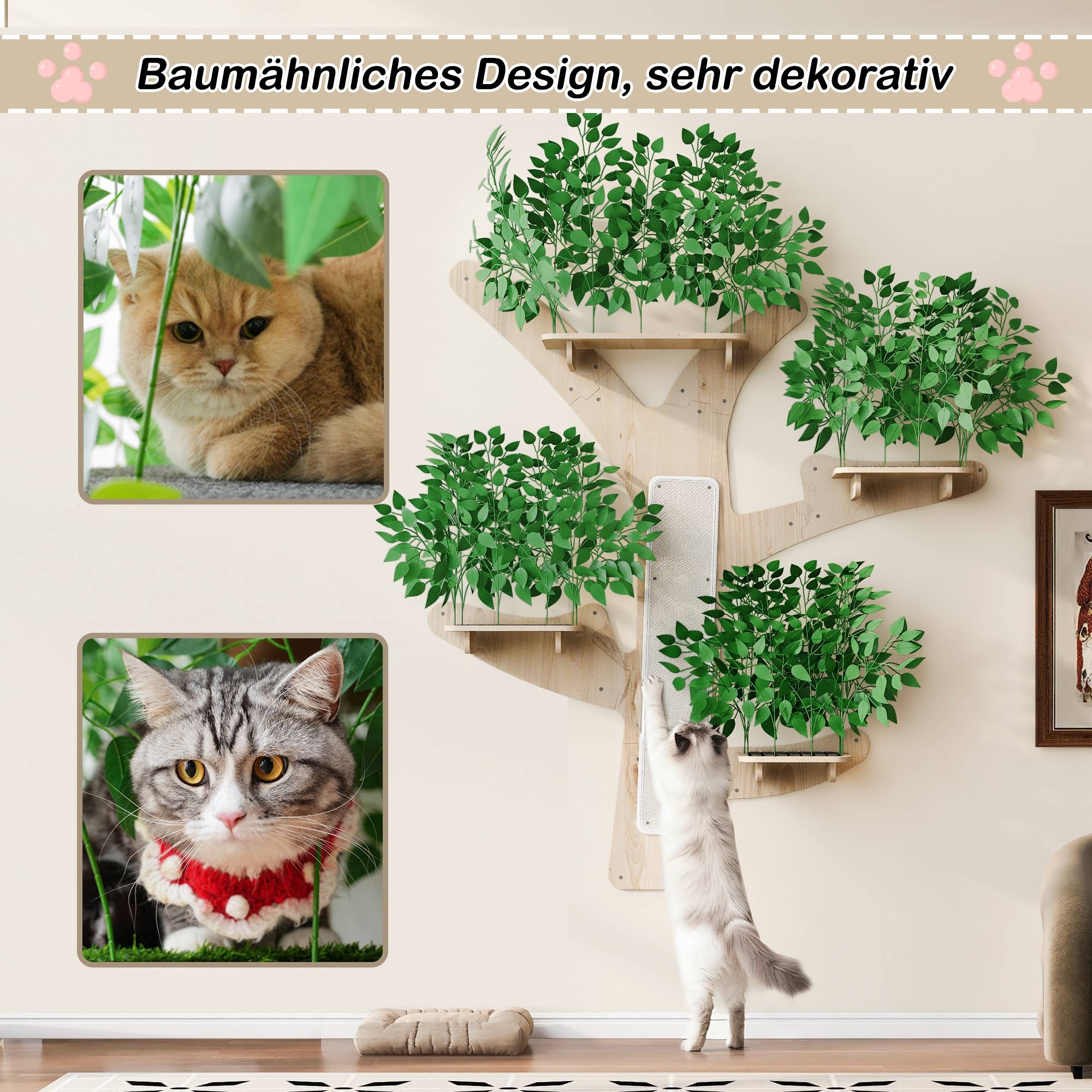 Arbre à Chat Mural en Forme d’Arbre, Design en Pin Massif avec Plateformes et Surfaces à Griffer, Mur d’Escalade Stable, 155 x 210 cm - Image 6