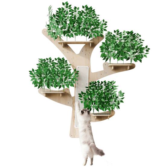 Arbre à Chat Mural en Forme d’Arbre, Design en Pin Massif avec Plateformes et Surfaces à Griffer, Mur d’Escalade Stable, 155 x 210 cm - Image 9