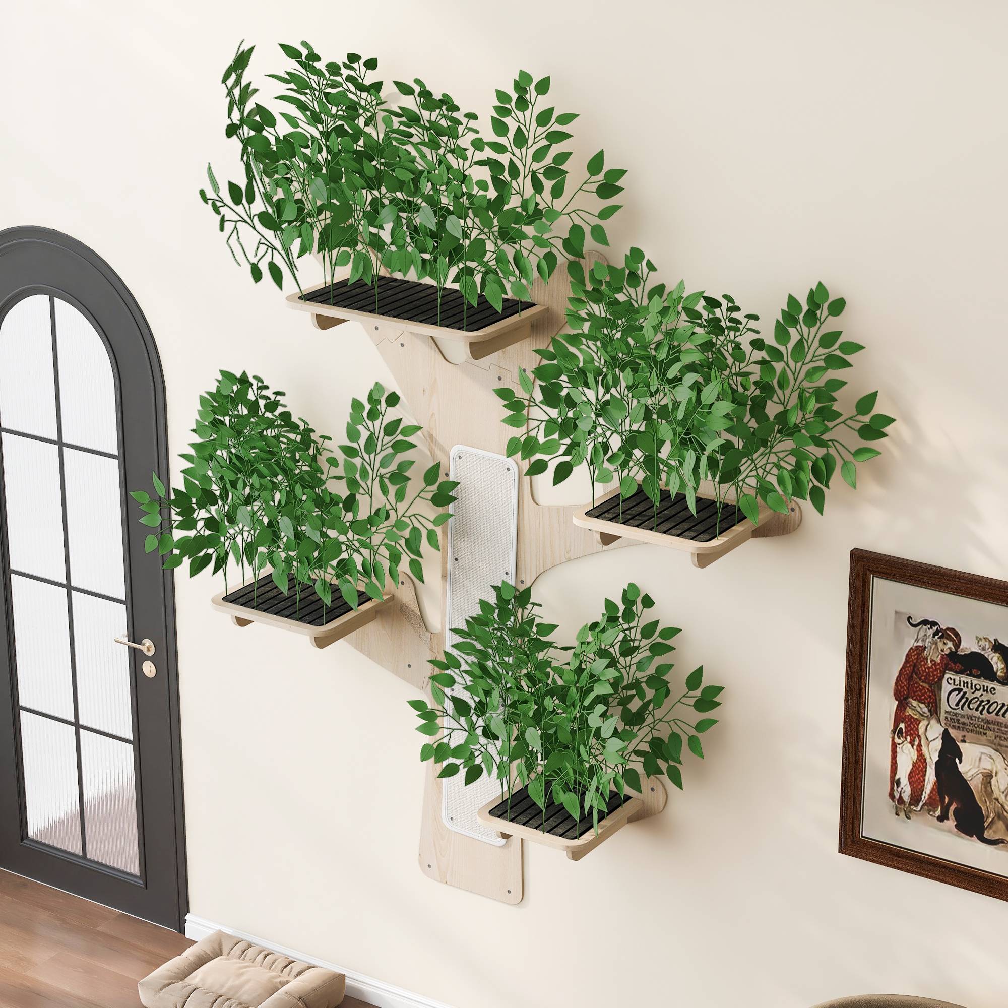 Arbre à Chat Mural en Forme d’Arbre, Design en Pin Massif avec Plateformes et Surfaces à Griffer, Mur d’Escalade Stable, 155 x 210 cm - Image 4