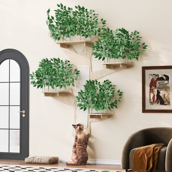 Arbre à Chat Mural en Forme d’Arbre, Design en Pin Massif avec Plateformes et Surfaces à Griffer, Mur d’Escalade Stable, 155 x 210 cm - Image 2