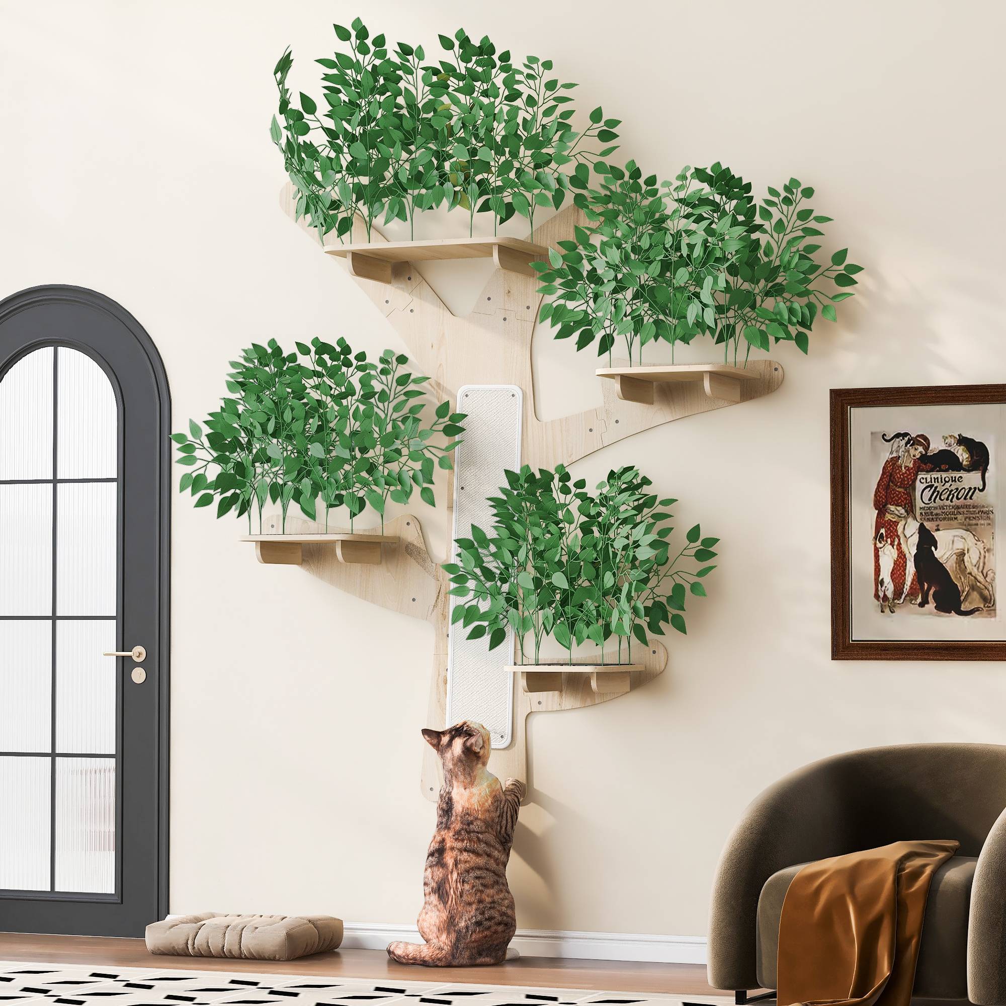 Arbre à Chat Mural en Forme d’Arbre, Design en Pin Massif avec Plateformes et Surfaces à Griffer, Mur d’Escalade Stable, 155 x 210 cm - Image 2