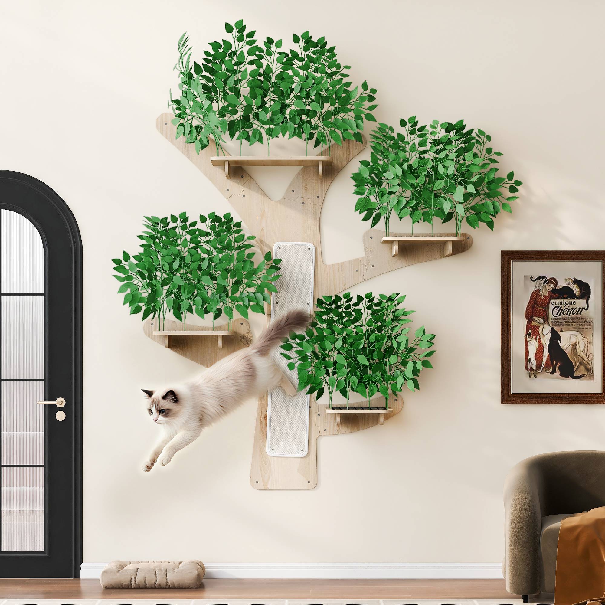 Arbre à Chat Mural en Forme d’Arbre, Design en Pin Massif avec Plateformes et Surfaces à Griffer, Mur d’Escalade Stable, 155 x 210 cm - Image 3