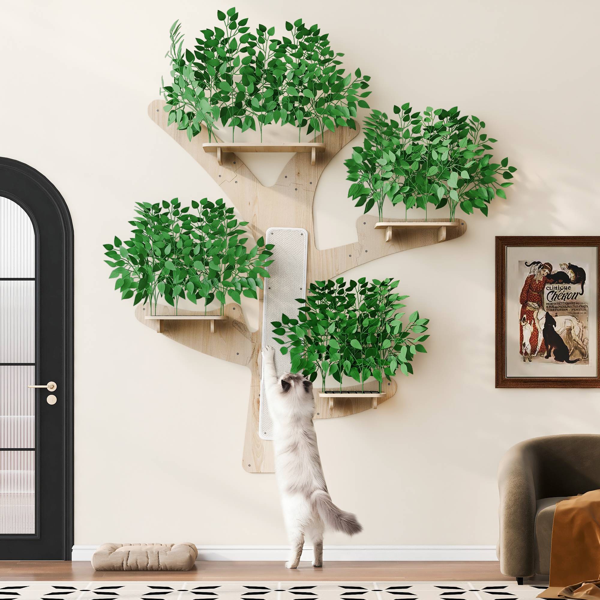 Arbre à Chat Mural en Forme d’Arbre, Design en Pin Massif avec Plateformes et Surfaces à Griffer, Mur d’Escalade Stable, 155 x 210 cm - Image 1