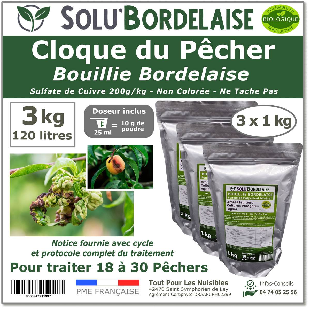Solu'Bordelaise - Cloque du Pêcher - 3 kg de Bouillie Bordelaise Non Colorée - Polyvalent-Sulfate de Cuivre 200 g/kg - Doseur Inclus - Image 1