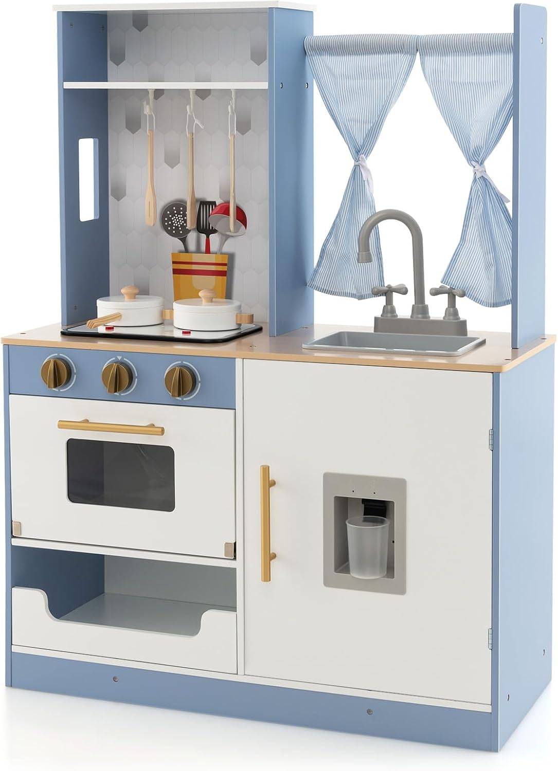 Cuisne Enfants 3 Ans+ COSTWAY en Bois -17 Accessoires, Sons et Lumières, Tableau Noir, Cadeau Idéal Marron - Jeux - Jouets