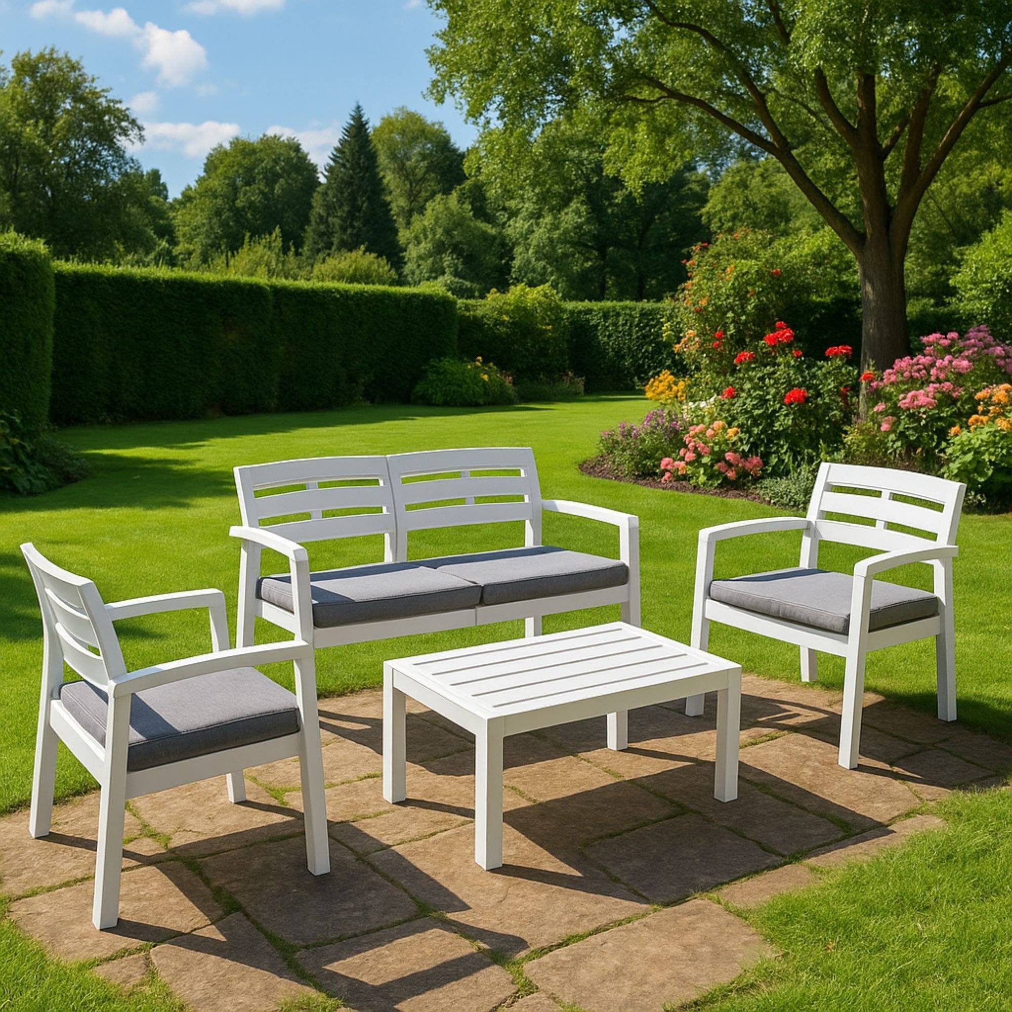 Dmora - Salon d'extérieur Dgyas, Composition de jardin avec 2 fauteuils, 1 canapé et 1 table basse, Salon intérieur et extérieur avec coussins, Blanc - Dmora - Imagen 2