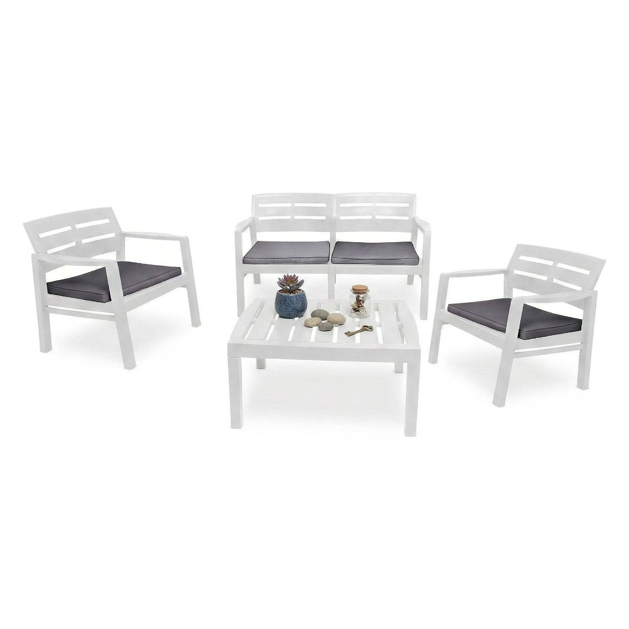 Dmora - Salon d'extérieur Dgyas, Composition de jardin avec 2 fauteuils, 1 canapé et 1 table basse, Salon intérieur et extérieur avec coussins, Blanc - Dmora - Imagen 1