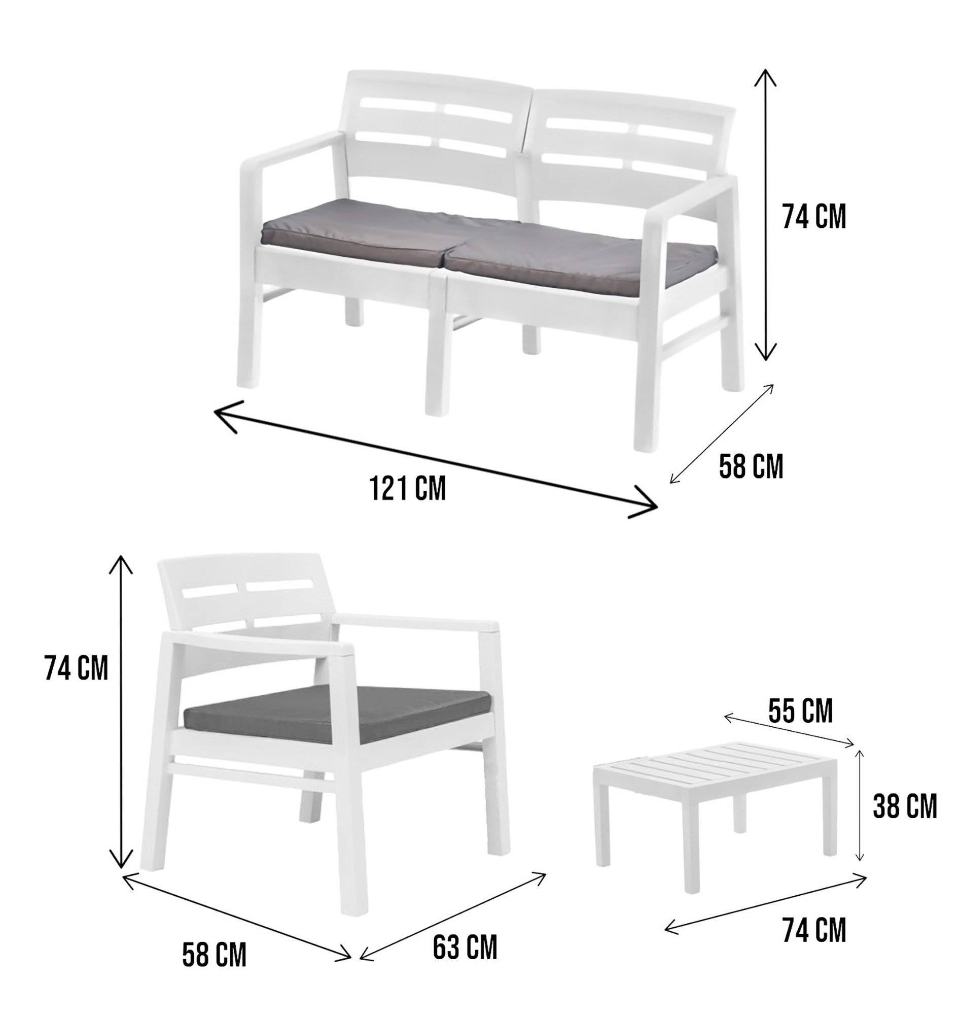 Dmora - Salon d'extérieur Dgyas, Composition de jardin avec 2 fauteuils, 1 canapé et 1 table basse, Salon intérieur et extérieur avec coussins, Blanc - Dmora - Imagen 3