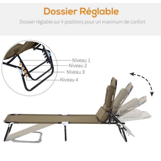 Transat de Jardin Chaise Longue Pliante Bain de Soleil avec Appuie-tête, Trou de lecture et Dossier Inclinable, Marron - Image 6