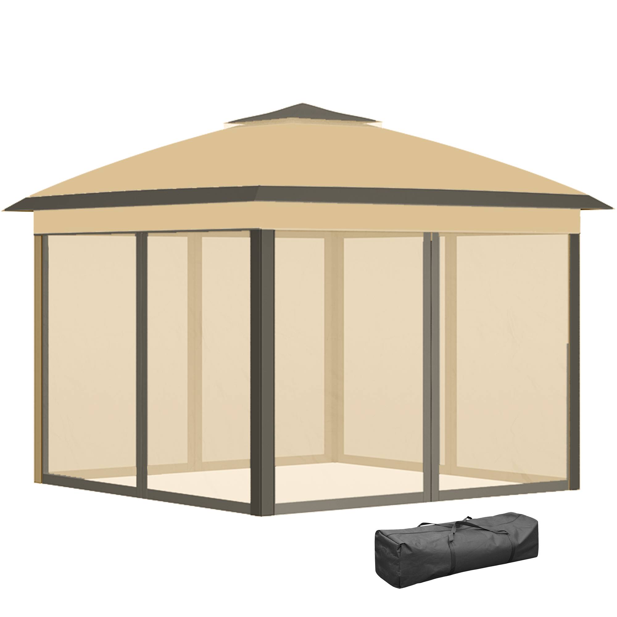ComfortXL - Tonnelle Pliante Métal Tissu Oxford Jardin Double Toit Moustiquaire 3.3x3.3m Beige - ComfortXL Outdoor Living - Image 2
