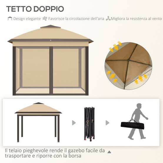ComfortXL - Tonnelle Pliante Métal Tissu Oxford Jardin Double Toit Moustiquaire 3.3x3.3m Beige - ComfortXL Outdoor Living - Image 6