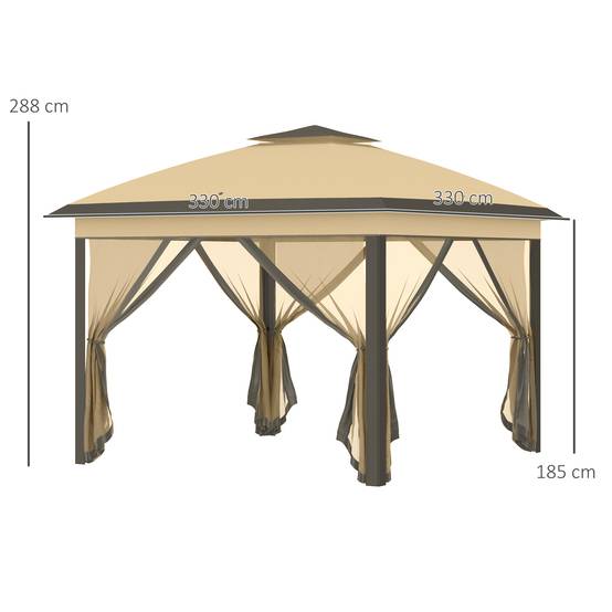 ComfortXL - Tonnelle Pliante Métal Tissu Oxford Jardin Double Toit Moustiquaire 3.3x3.3m Beige - ComfortXL Outdoor Living - Image 5