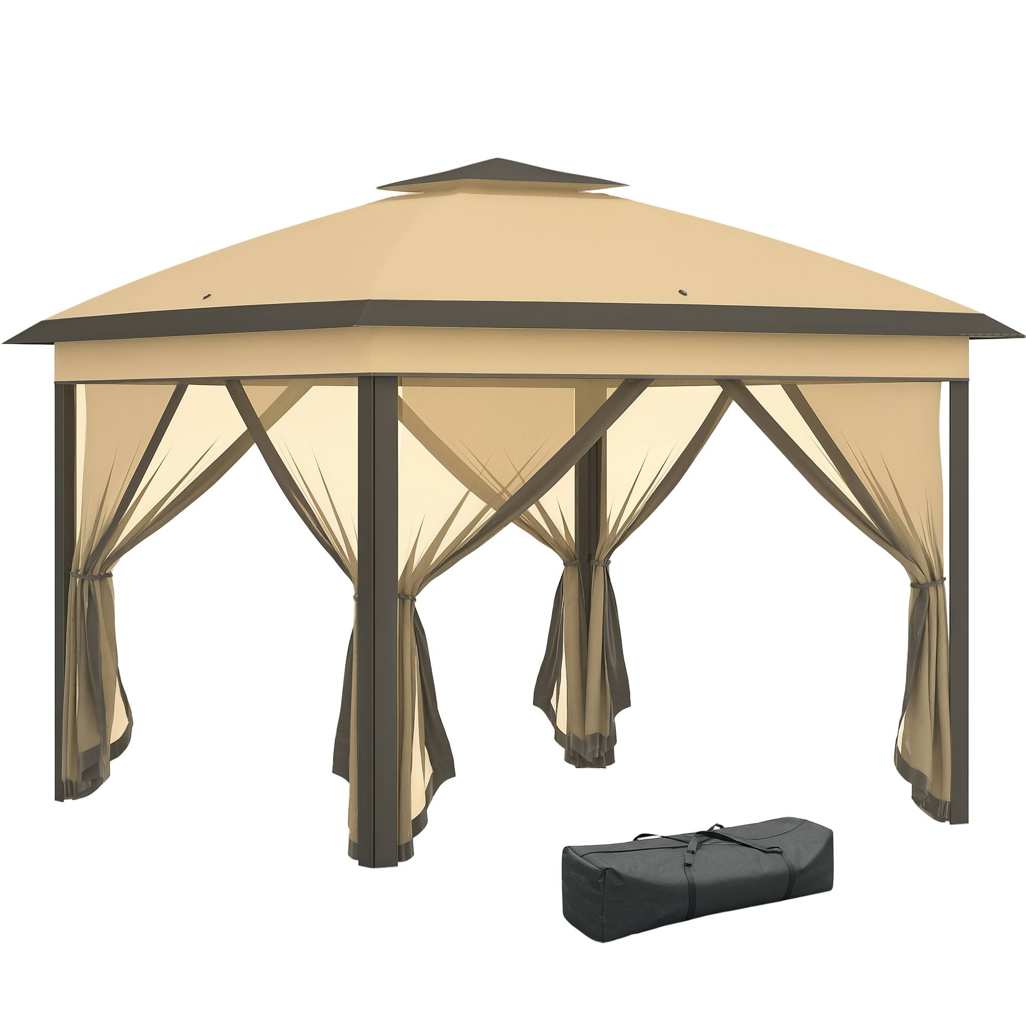 ComfortXL - Tonnelle Pliante Métal Tissu Oxford Jardin Double Toit Moustiquaire 3.3x3.3m Beige - ComfortXL Outdoor Living - Image 1