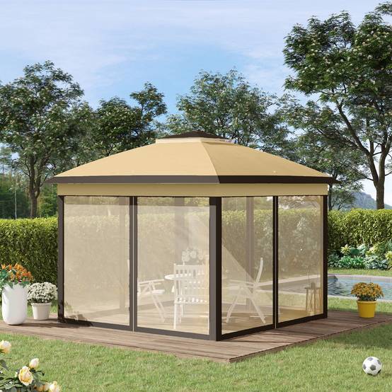 ComfortXL - Tonnelle Pliante Métal Tissu Oxford Jardin Double Toit Moustiquaire 3.3x3.3m Beige - ComfortXL Outdoor Living - Image 4