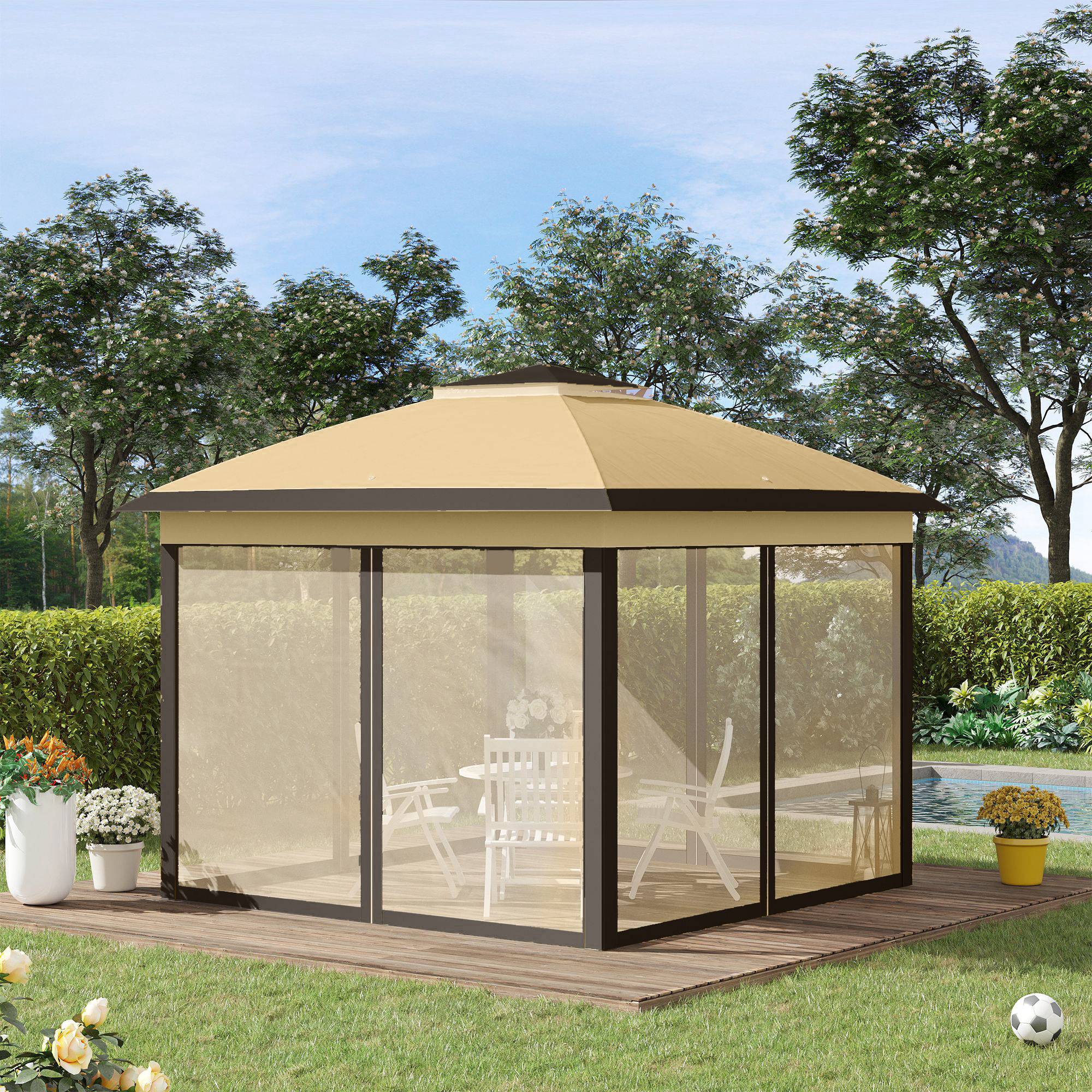 ComfortXL - Tonnelle Pliante Métal Tissu Oxford Jardin Double Toit Moustiquaire 3.3x3.3m Beige - ComfortXL Outdoor Living - Image 4