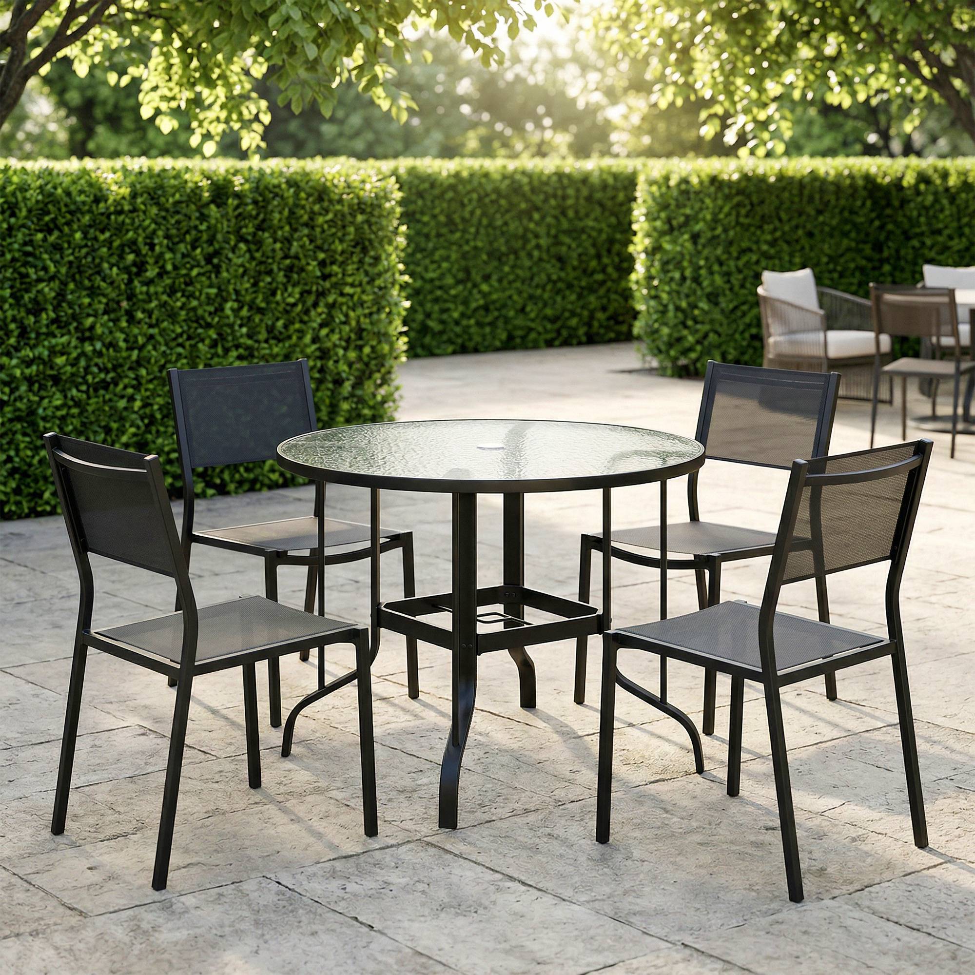 ComfortXL - Table de Jardin Ronde Métal Verre Repas Extérieur Trou Parasol Ø96.5cm Noir - ComfortXL Outdoor Living - Image 9