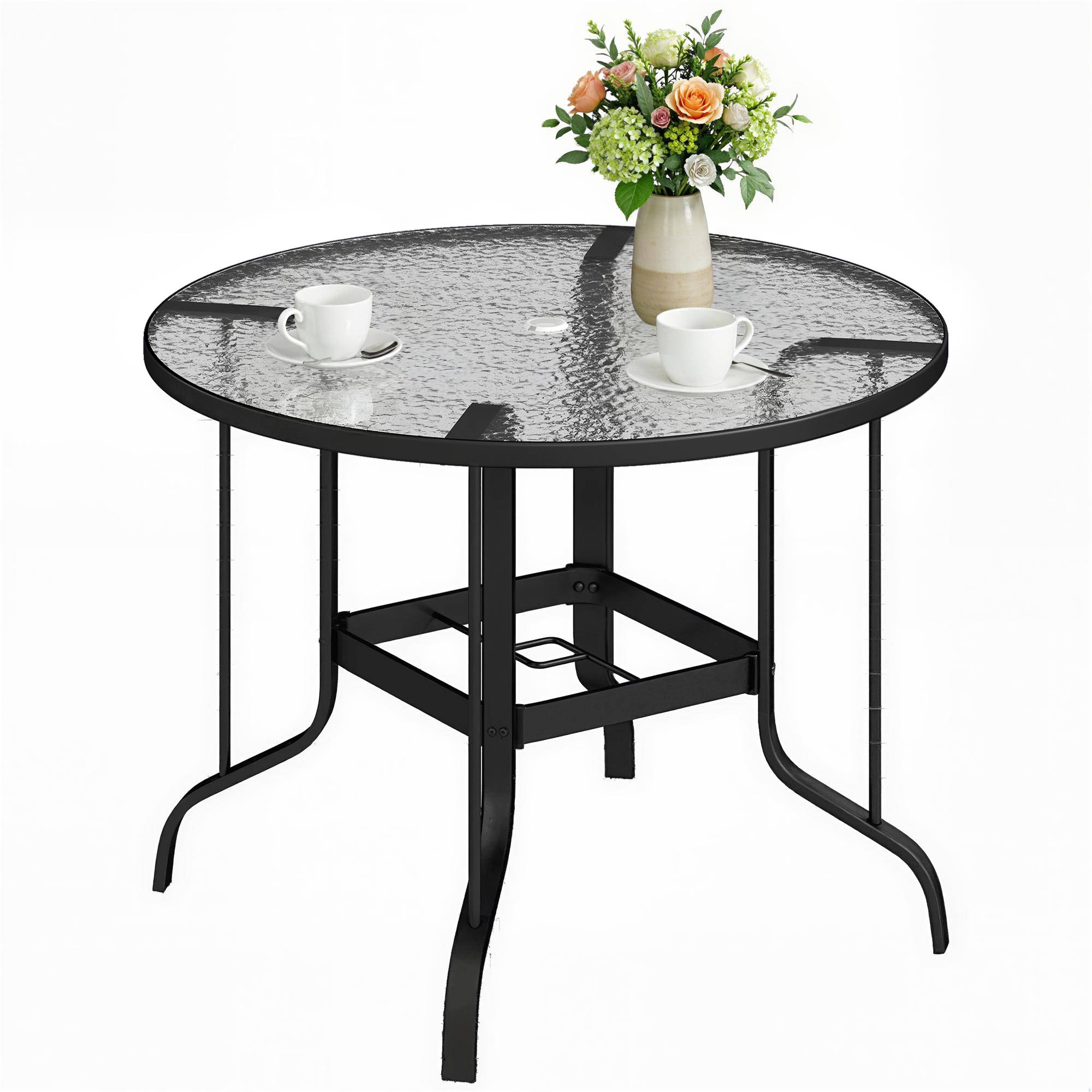ComfortXL - Table de Jardin Ronde Métal Verre Repas Extérieur Trou Parasol Ø96.5cm Noir - ComfortXL Outdoor Living - Image 1
